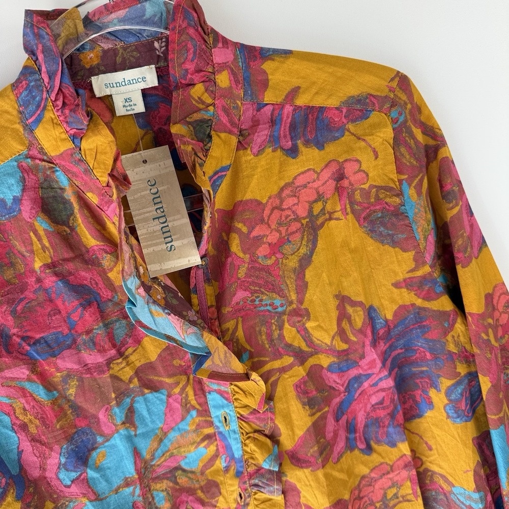 Sundance Abstract Florals Shirt XS Gold Multicolor Ruffle Trim NWT $98